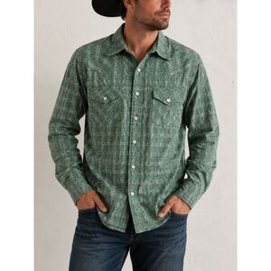 Rancho Estancia Men’s Green Plaid Western Shirt Textured Weave Medium